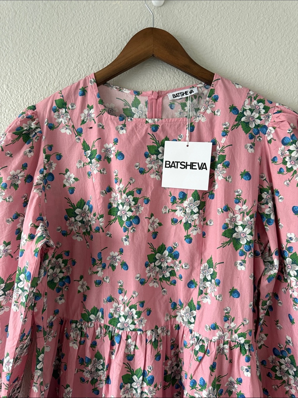 Batsheva Collarless Prairie Mini Dress Pink Lily Floral Cotton Puff Sleeve 18 - Picture 3 of 16